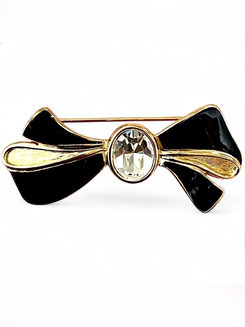 Trifari Vintage Black Enamel Bow Brooch Pin Sparkling Rhinestone Gold Tone Chic